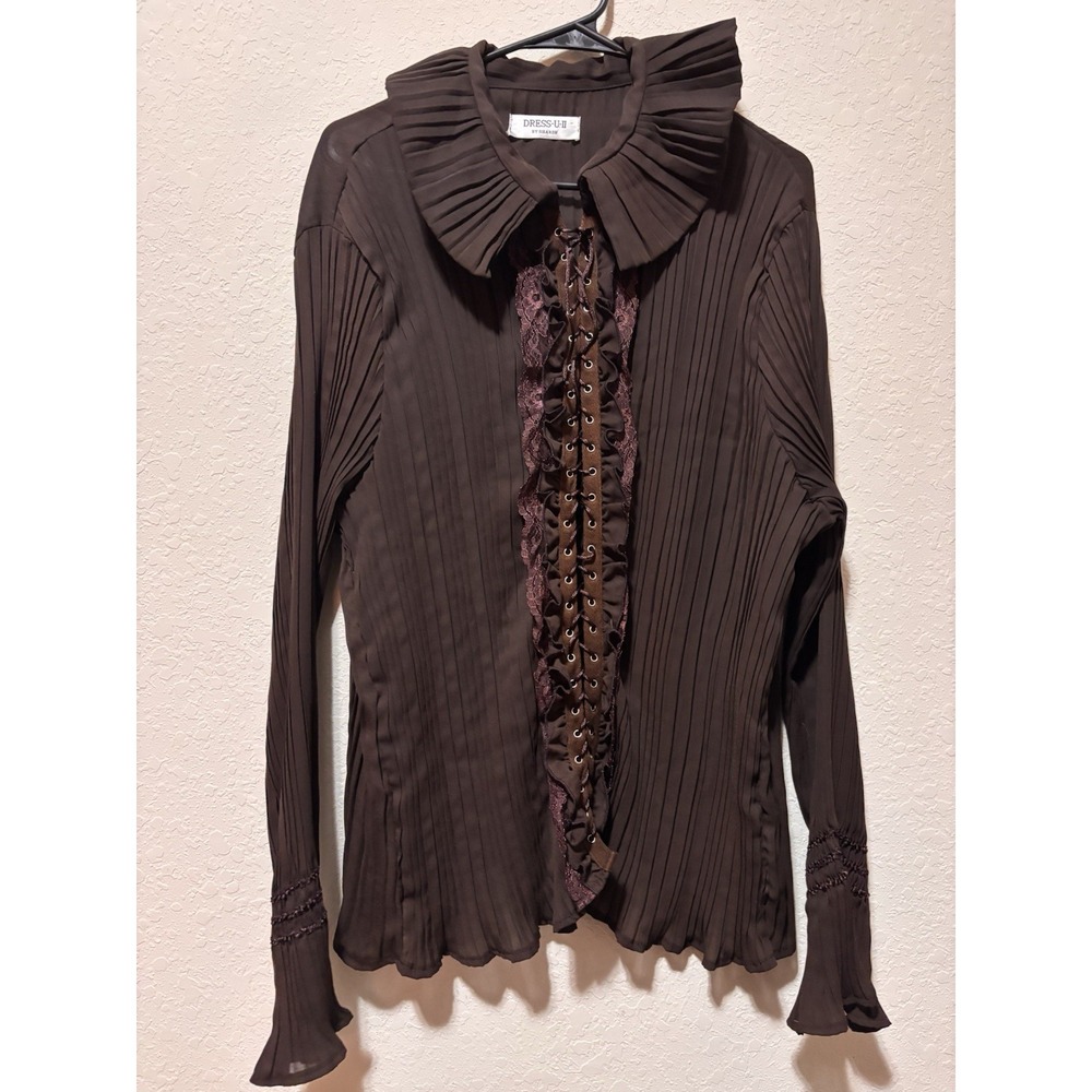 Vintage Y2K Brown Pleated Blouse Victorian Lace Up Ruffle Top Dark Academia L